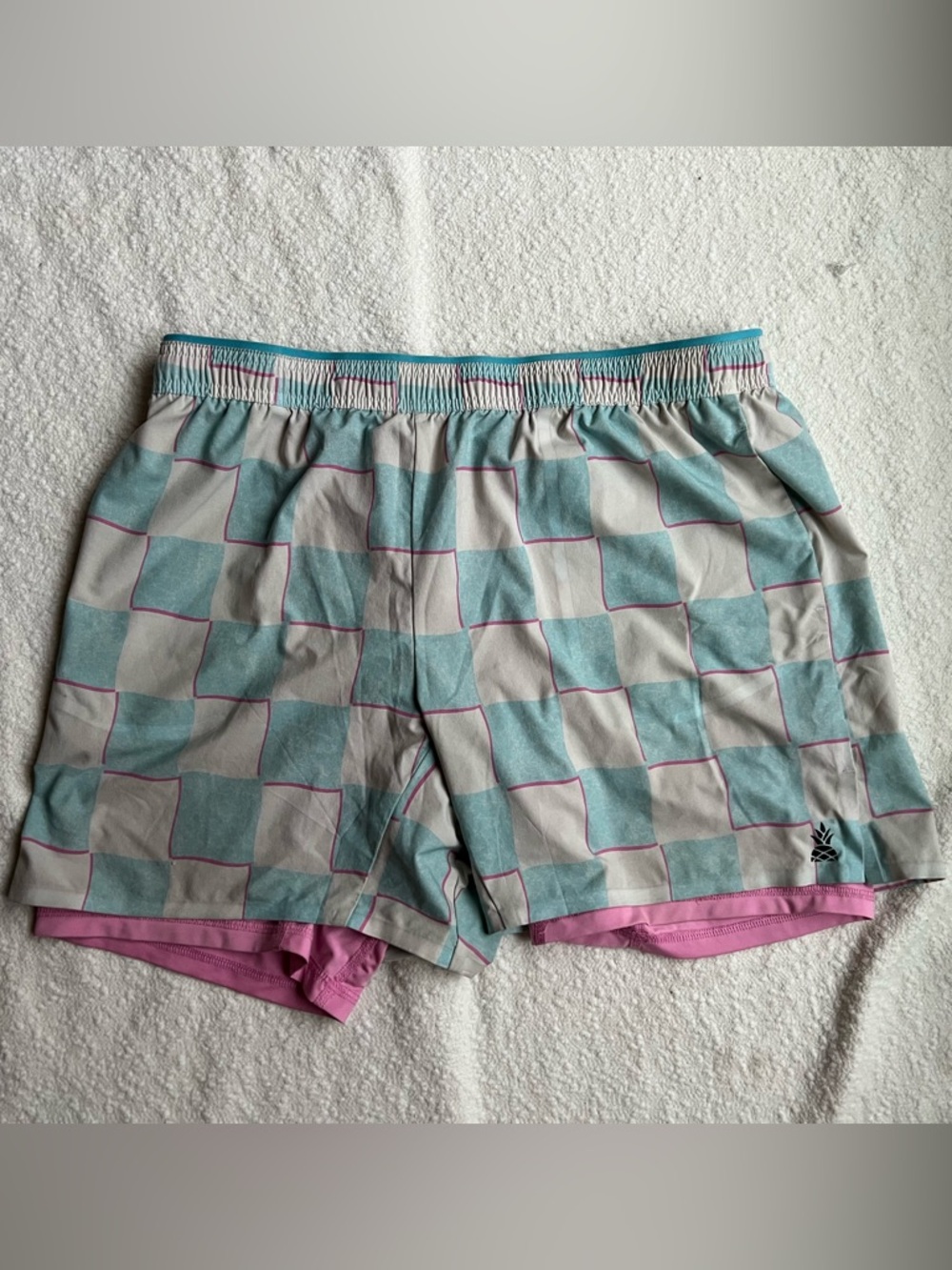 Chubbies Men’s XL 5.5” Inseam Swim Trunks – Teal/Gray Check w/ Pink Liner
